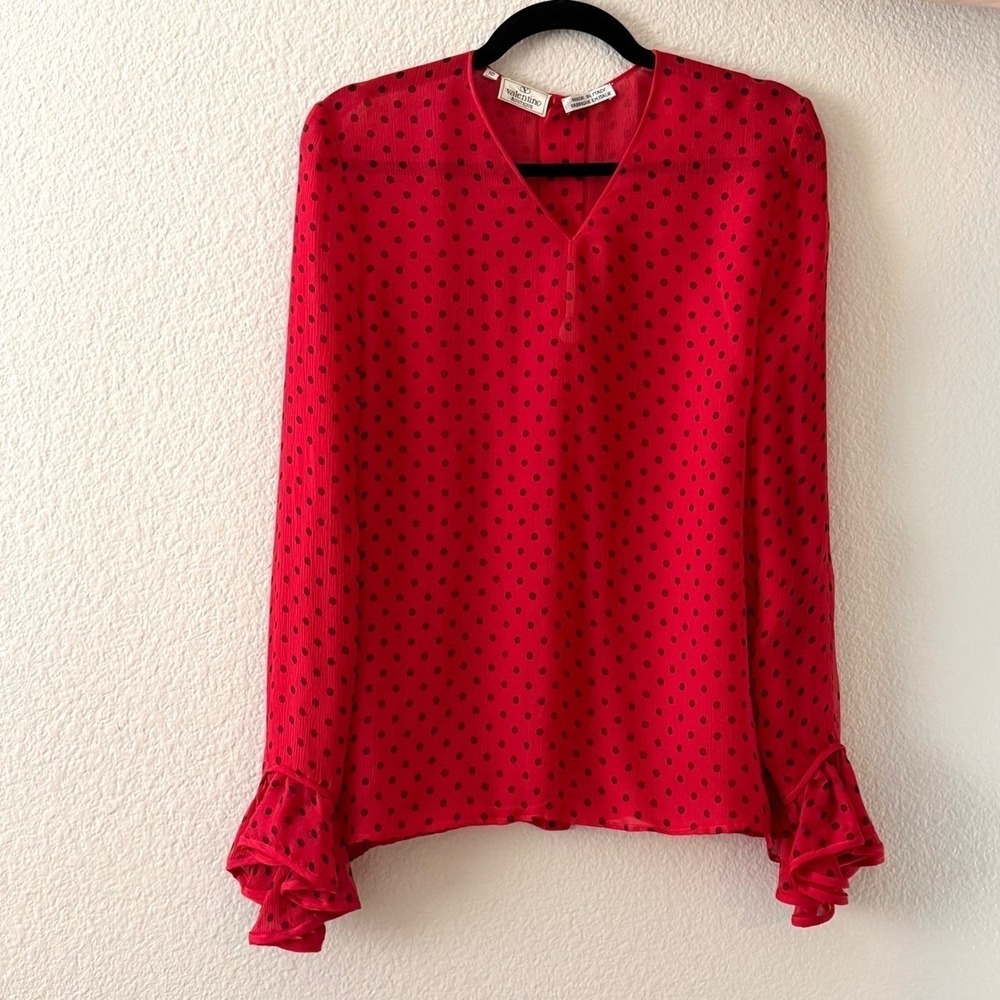 Vintage Valentino Boutique Red Polka Dot Silk Blouse Ruffle Cuff Italy Size 10